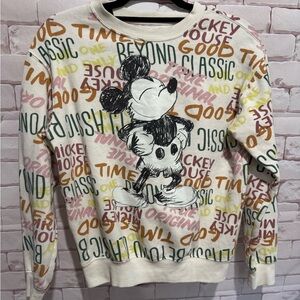 Disney Mickey Mouse All Over Print Graphic Sweatshirt Women's Size XS Cream